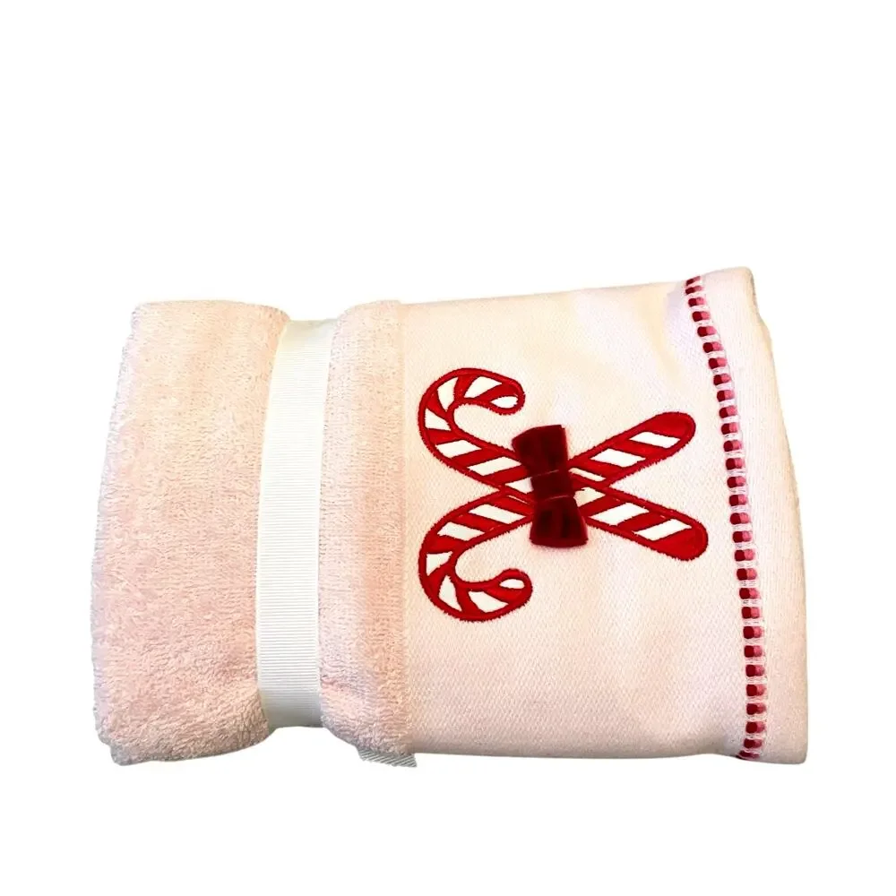 Set of 2 Pink Christmas Hand Towels Peppermint Candy Cane Bow 100% Cotton NEW